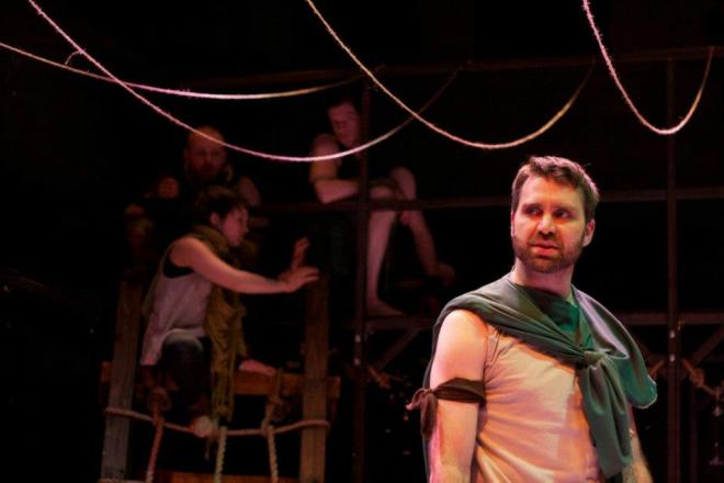 From We Happy Few’s 2013 production of The Tempest. Background L-R: Josh Adams, Britt Duff, Scott Gaines.  Foreground: Andrew Keller